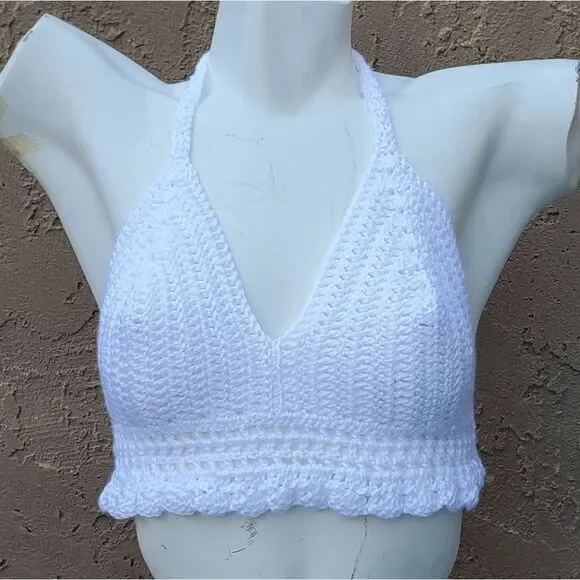 Hand Crafted White Crochet Halter Top Bralette Size L - Picture 8 of 8
